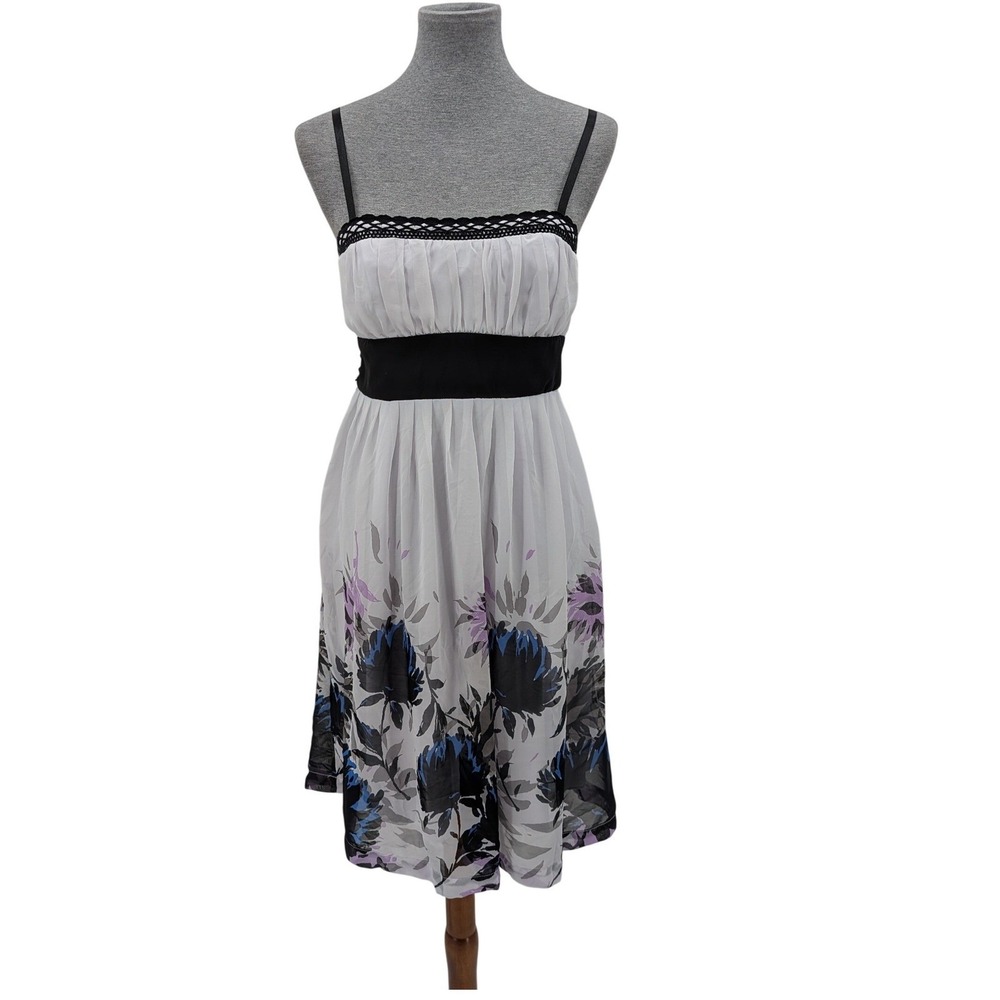 Boho Whimsigoth Fairycore White Black Floral Sleeveless Floral 8 Midi Dress - Picture 2 of 12